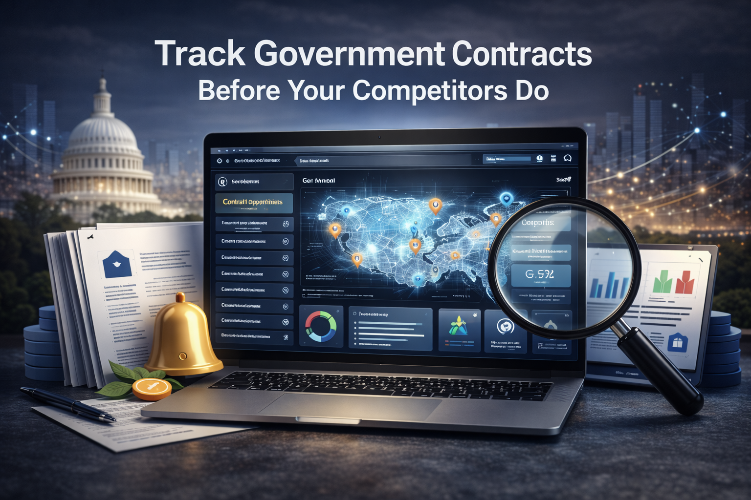 A modern dashboard on a laptop showing U.S. government contract opportunities on a map, with tools for searching, tracking, and getting alerts before deadlines. The image represents an easy way for businesses to find and monitor government bids in one place.